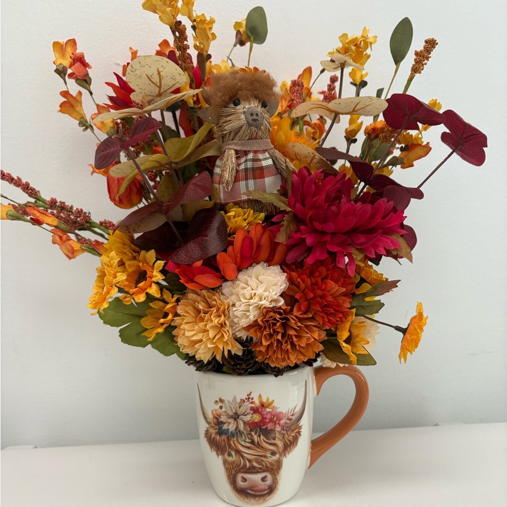 Handmade Autumn Floral Arrangement in Highland Cow Mug